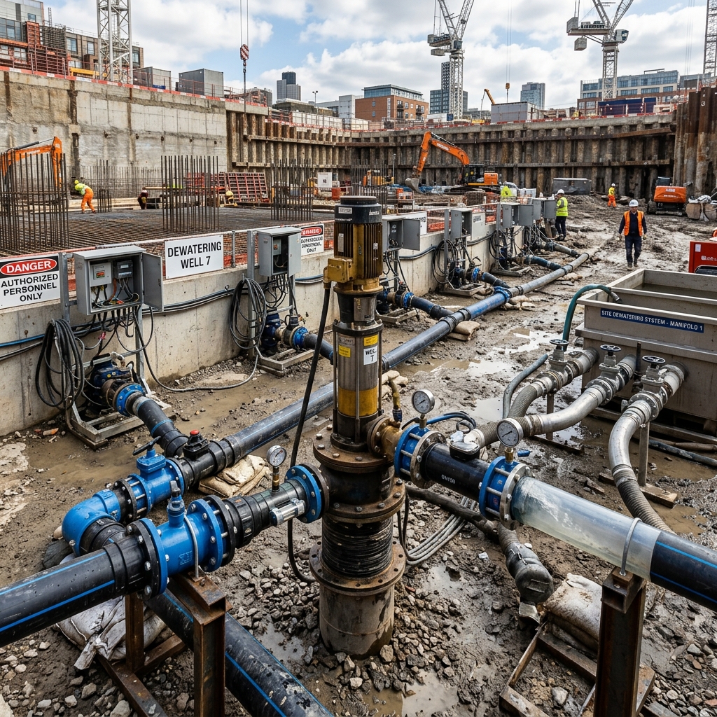 Deep basement dewatering well system and pumps