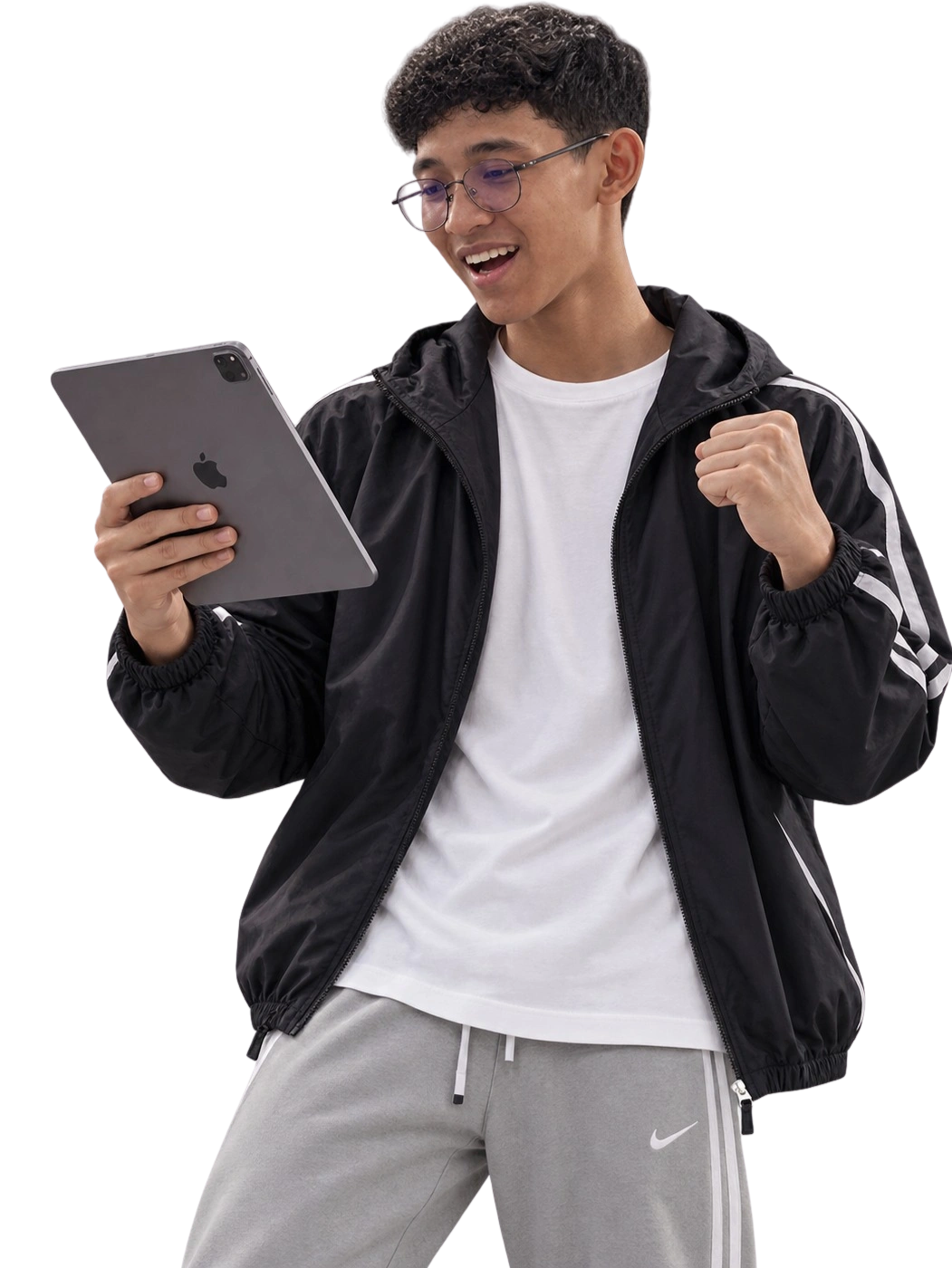 Pengusaha memegang laptop dengan gestur semangat, varian kedua